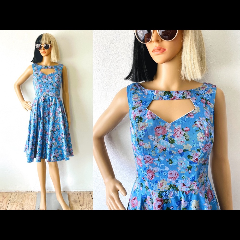 Retro Blue Floral Cotton Summer Dress! BELLE POQUE Size Medium Dress. Cottage!